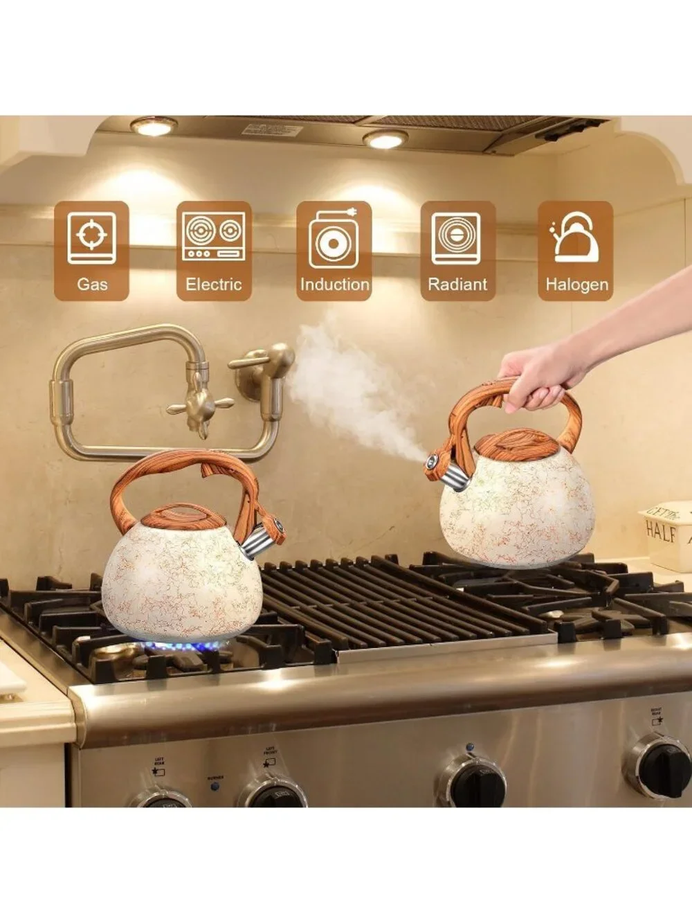 GGC 3.1QT White Art Stainless Steel Whistling Tea Kettle For Kitchen Stove Top